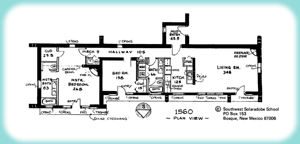 A floor plan shows many windows and a solar overhang on the south side of a home, with reduced windows and buffered entrances on the other sides of the home.