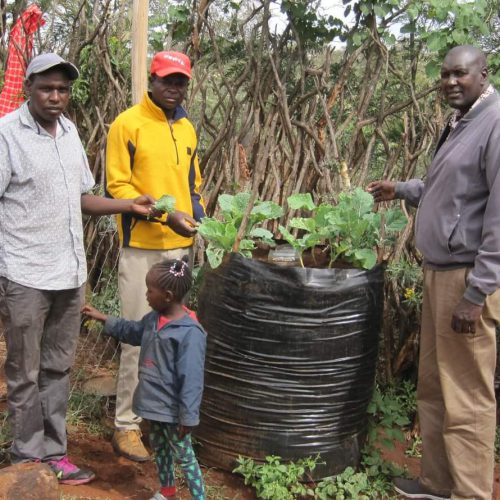 Joel Lankas (left) stands by a sack garden at his home along with his daughter Ester and friends Cris Meja and Douglas Khamala. Photo contributed by Joel Lankas.