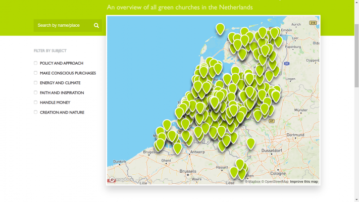 A map of all of the Green churches in Holland. There are currently 410 churches in the Green Church network. Screenshot from Groene Kerk website.
